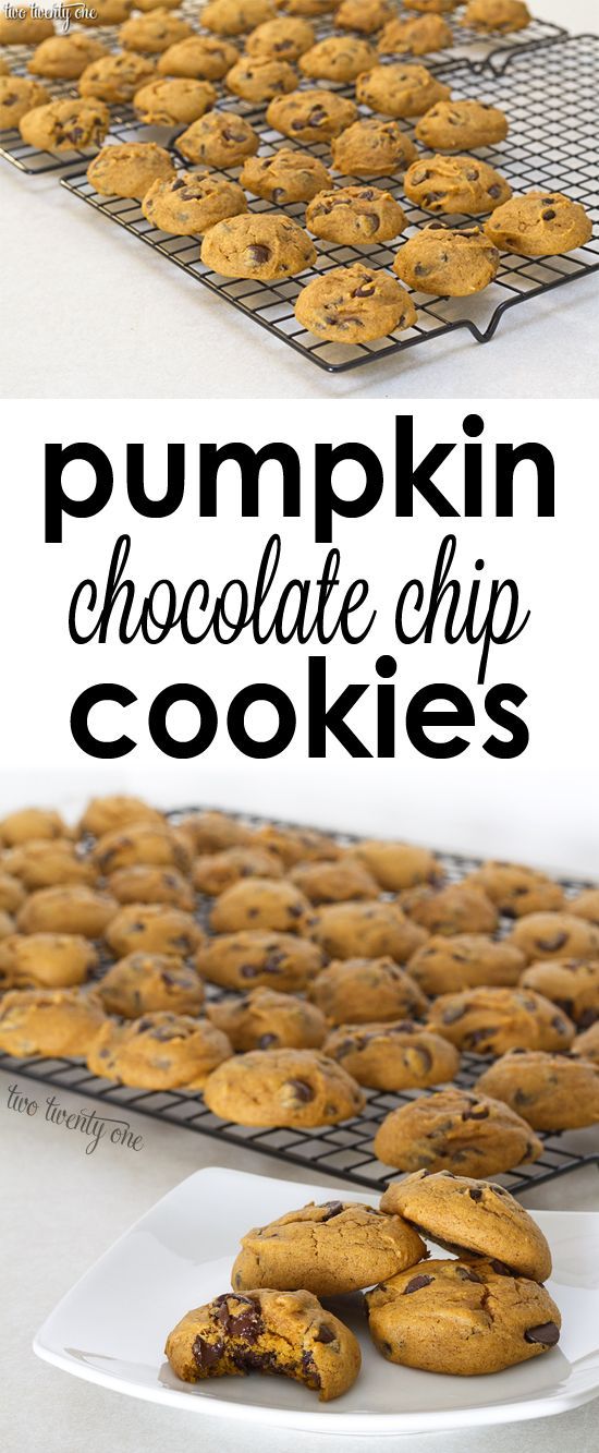 pumpkin chocolate chip cookies on a cooling rack with the words, pumpkin chocolate chip cookies