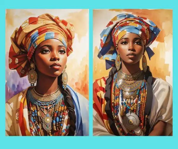 two paintings of african women wearing head scarves and necklaces, one in gold