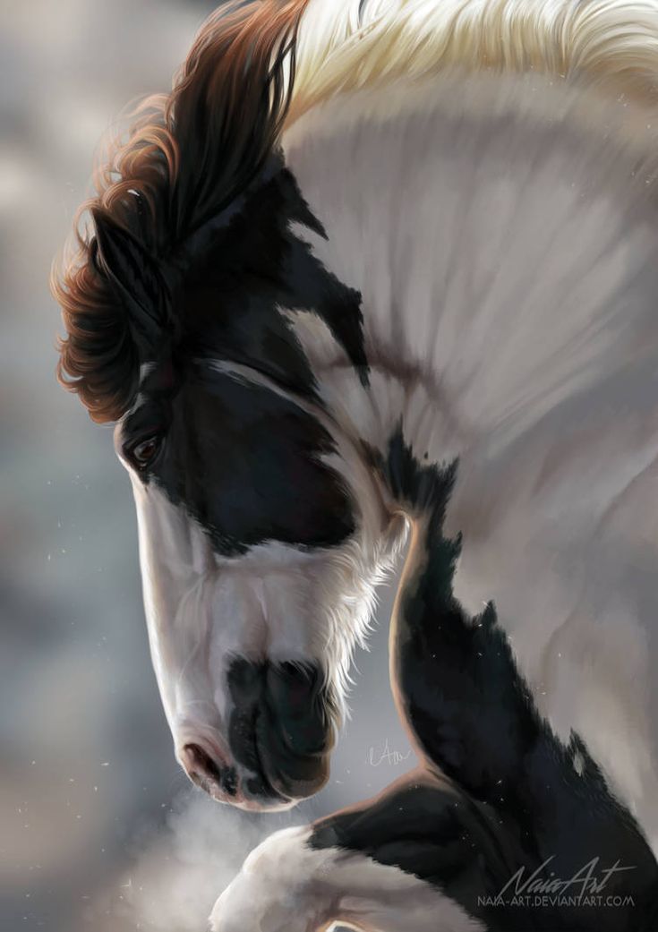 a painting of a black and white horse