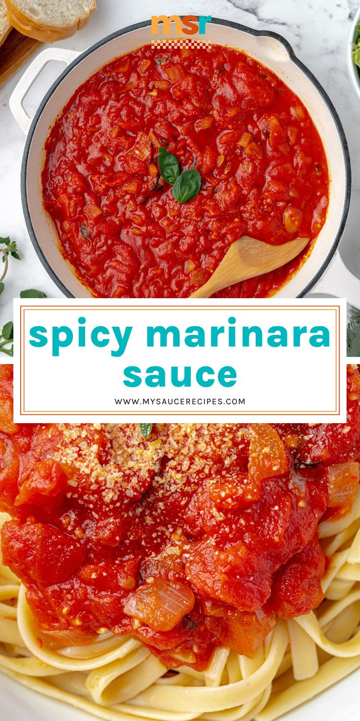 the recipe for spicy marinara sauce is shown in this collage with text overlay