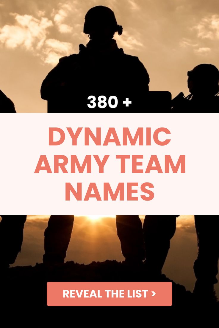 the words dynamic army team names are in front of silhouettes of soldiers and sunset