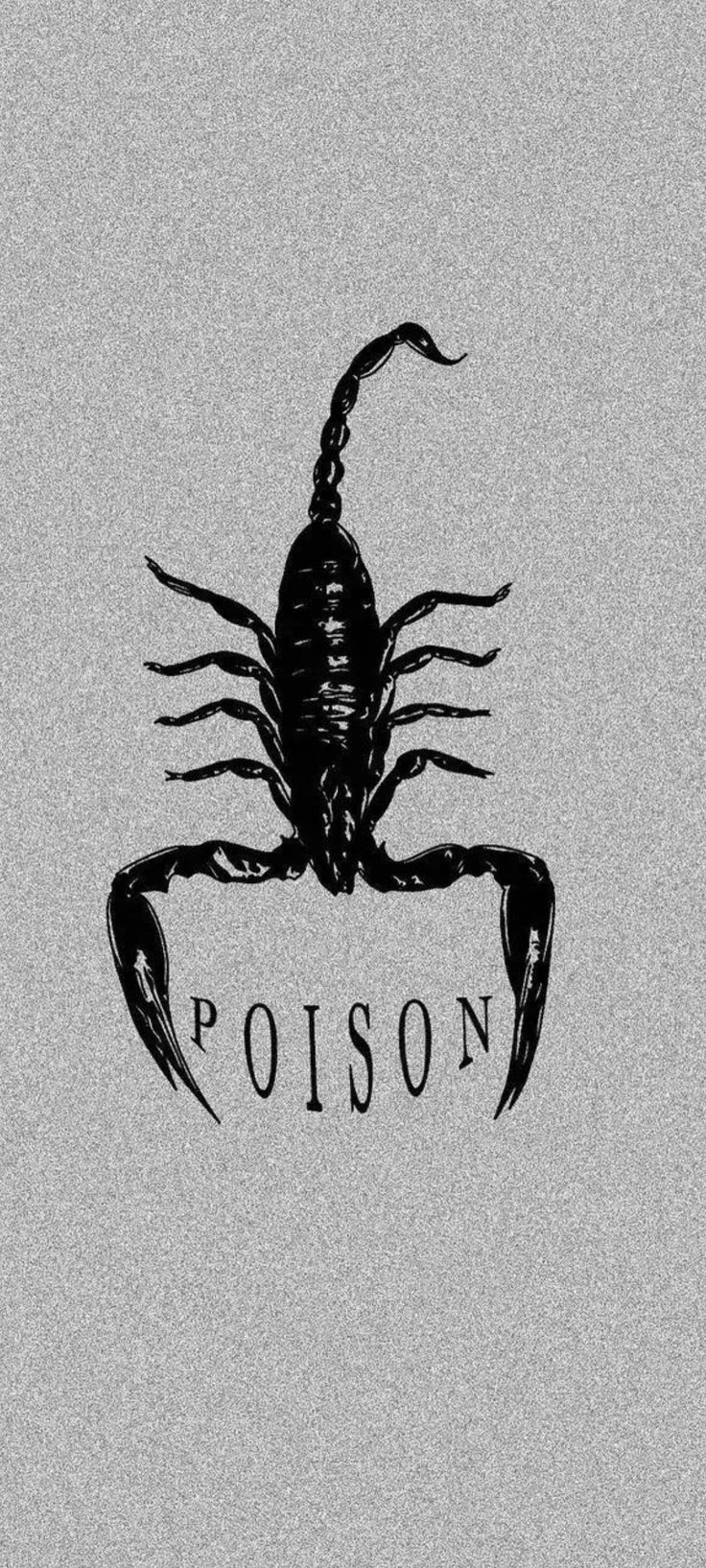 a black scorpion on a gray background with the word poison written in it's center