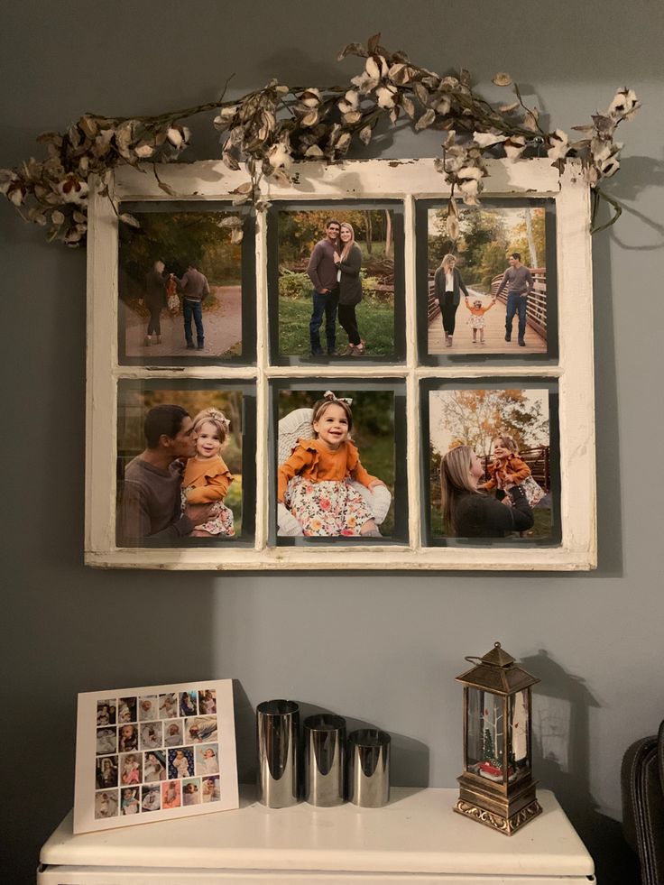 an old window is decorated with family photos