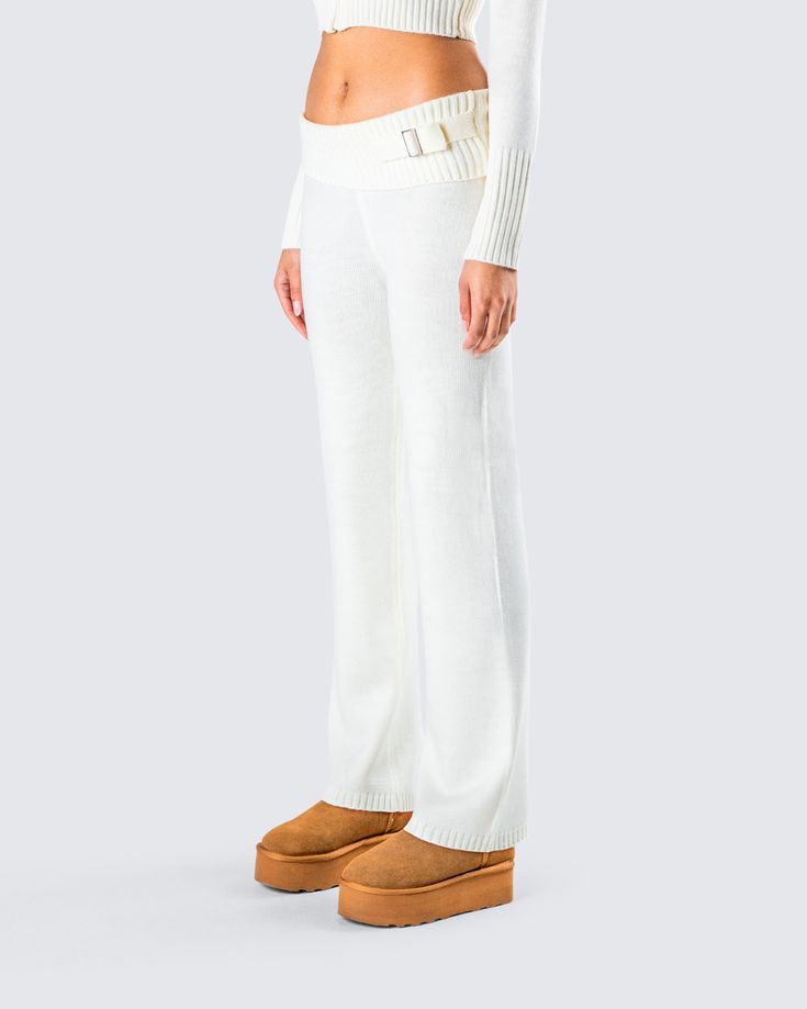 Make any day cuter and cozier with these white knit pants 🤍 Complete with a ribbed fold over top edge and wide leg fit, this piece is the perfect look for grocery store runs, self care days, and everything in between Stretch Knit White Bottoms, White Stretch Knit Pants, White Cozy Bottoms With Ribbed Waistband, White Knit Pants, White Knit Wide-leg Pants, White Ankle-length Loungewear Pants, Cargo Pant, Knit Set, Knit Pants