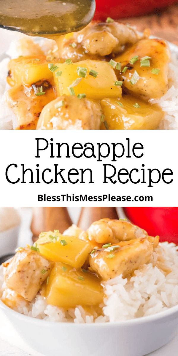 pineapple chicken recipe in a white bowl with rice