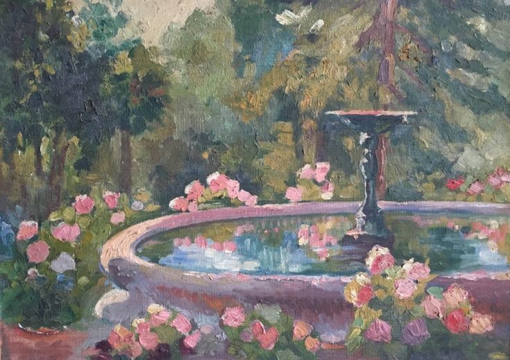 a painting of a fountain with flowers around it