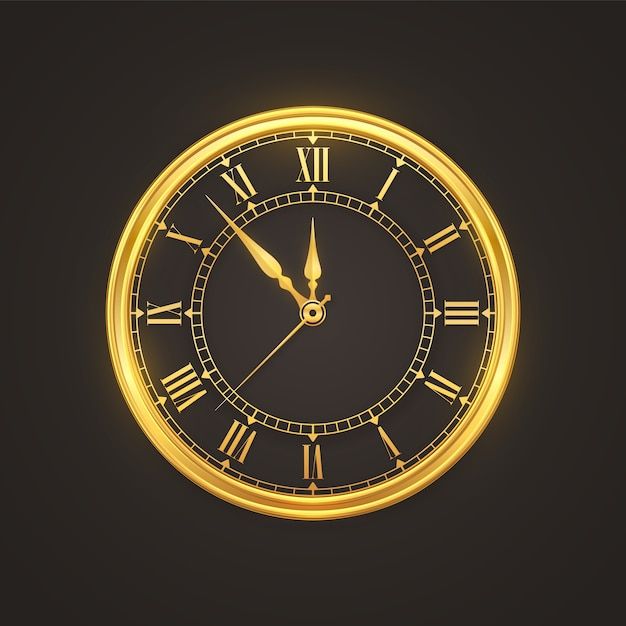 a golden clock with roman numerals on a black background