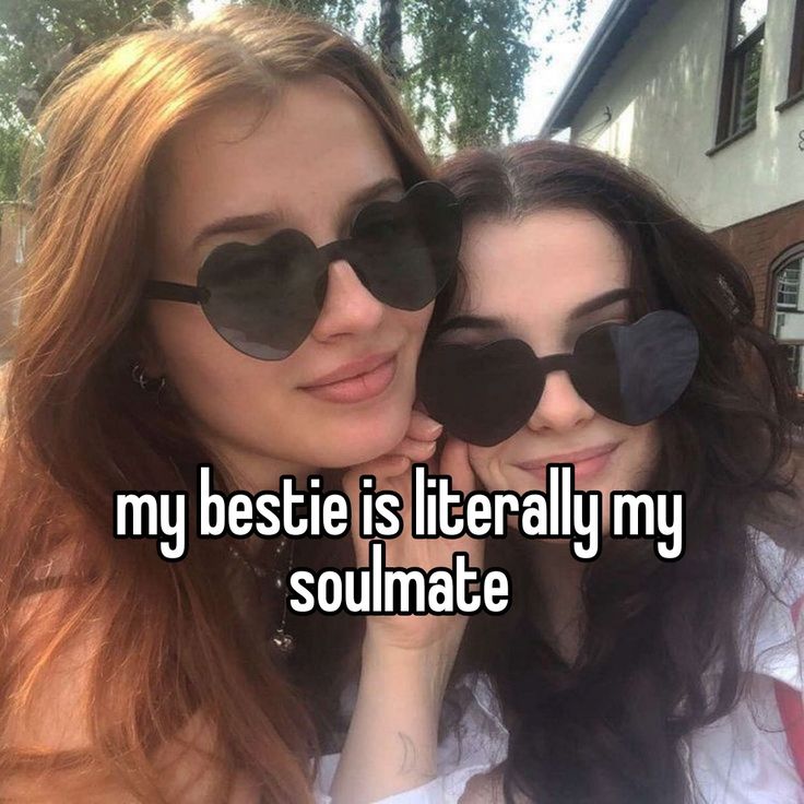 two girls wearing heart shaped sunglasses with the words my bestie is literally my soulmate