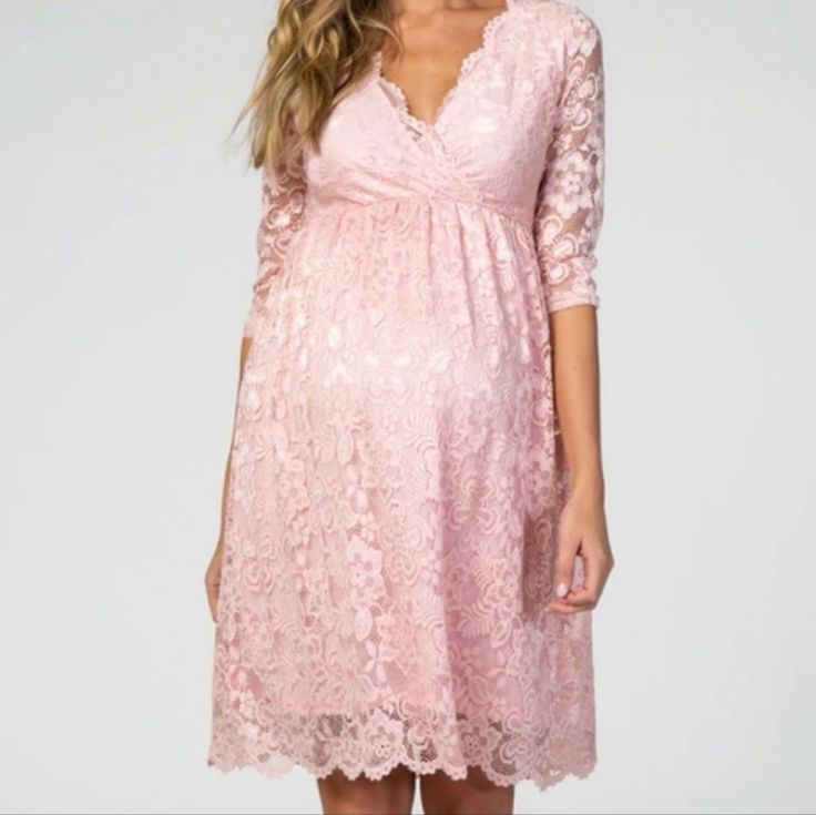 Nwot Pinkblush Exclusive! A Lace Overlay Maternity Dress Featuring Semi-Sheer 3/4 Sleeves, A Scalloped Lace Trim, Elastic Cinching Under The Bust, And A Wrap V-Neckline. Lined. Color: Pink Note: Brand Tag Cut Off Price Is Firm! 01 Pink V-neck Maternity Dress For Maternity Wear, Feminine Pink Maternity Dress V-neck, Feminine Pink V-neck Maternity Dress, Spring Wedding Maternity Dress With Short Sleeves, Spring Lace Maternity Dress With Short Sleeves, Maternity V-neck Dress With Lace Trim For Spring, Spring Maternity Dress With Lace Trim And V-neck, Spring Fitted Pink Maternity Dress, Fitted Summer Maternity Dress With Lace Trim