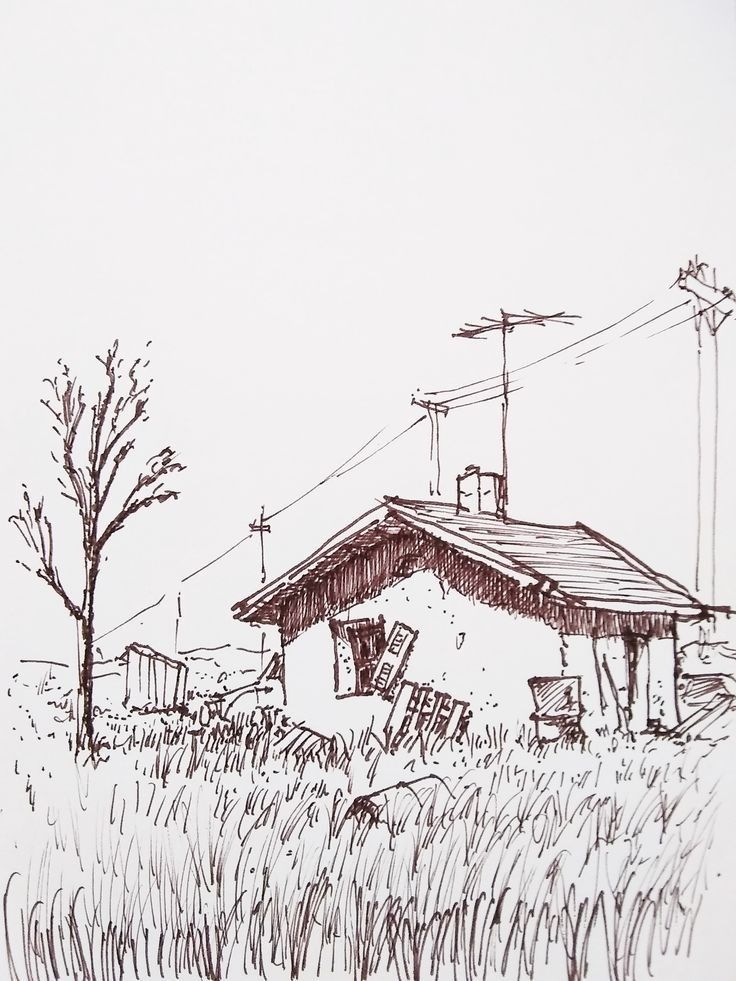 an ink drawing of a house in the middle of a field with power lines above it