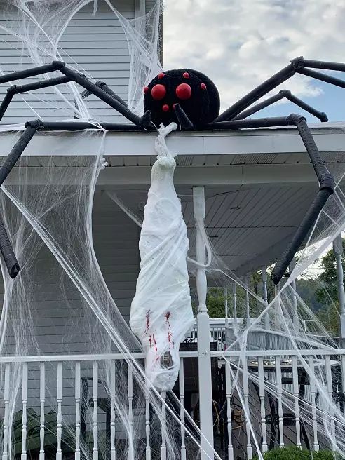 a large spider hanging from the side of a house decorated with white mesh and red eyes