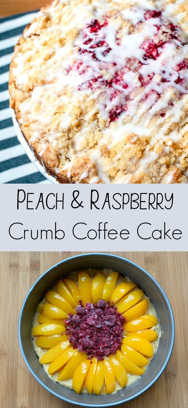 peach and raspberry crumb coffee cake on a wooden table with the title above it