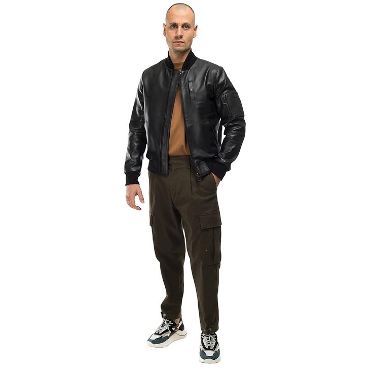 ITALIAN MEN LEATHER BOMBER JACKET, SLIM FIT . MADE WITH SOFT GENUINE LAMBSKIN LEATHER . COLOR : BLACK SIZE : CHECK CHART SIZES PHOTO #9 . MADE IN ITALY We've done our best to represent our true colors but due to the differences in screen resolution for computer monitors, colors can vary slightly. MATERIAL All our skins are tanned in Italy We Guaranty 100% the quality of what we are selling. SHIPPING & HANDLING LEATHER JACKETS will be shipped by UPS / FEDEX / DHL .