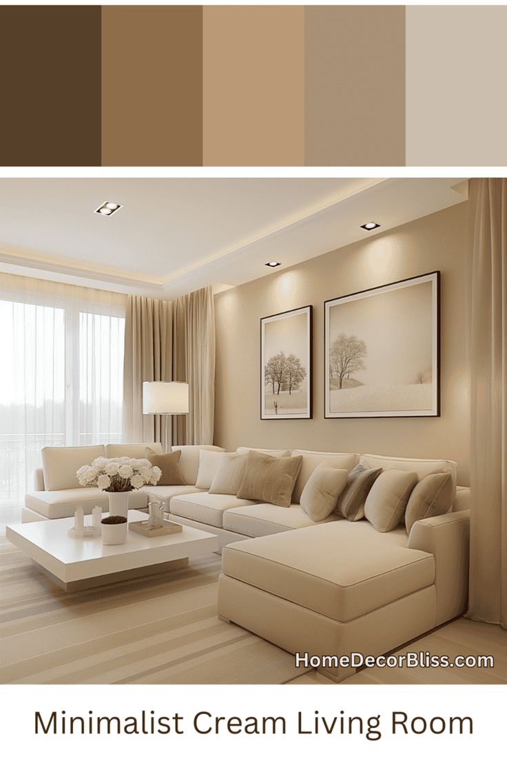 Minimalist Living Room: Cream Color Palette Cream Colour Living Room Ideas, Neutral Color Palette Interior Design, Neutral Theme Living Room, Living Room Designs Color Palette, Cream Colored Living Room Ideas, Cream Wall Living Room, Cream Living Room Walls, Interior Color Schemes Living Room, Cream Color Room