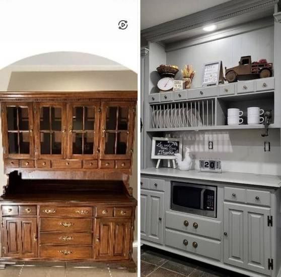 two pictures side by side, one with an oven and the other with cupboards