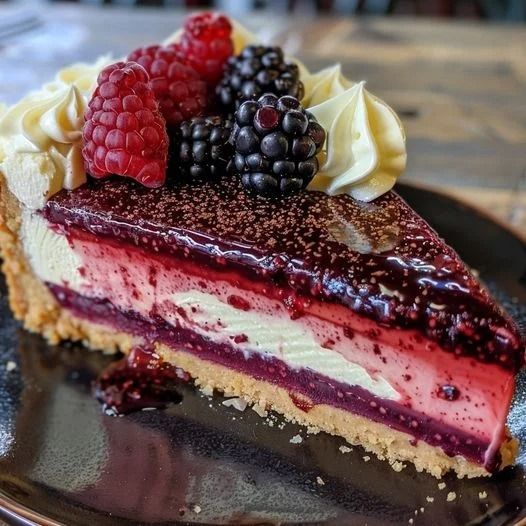 a piece of cheesecake with berries and whipped cream on top is sitting on a black plate