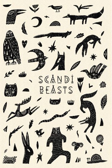 an image of some animals and birds in black ink on white paper with the words sandi beasts