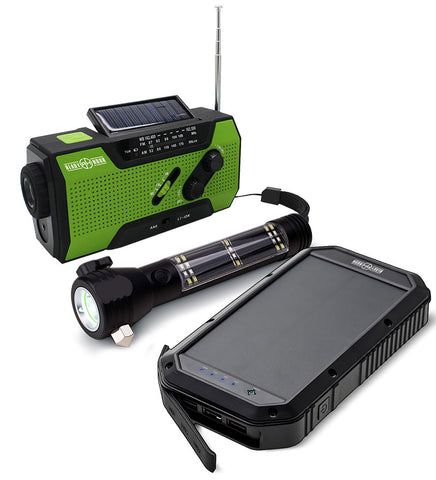 a green and black portable radio next to a solar powered speaker on a white background