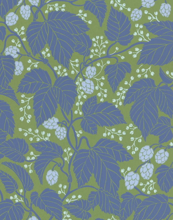 a blue and green wallpaper with leaves and berries