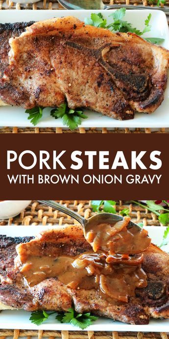 pork steaks with brown onion gravy on a white plate