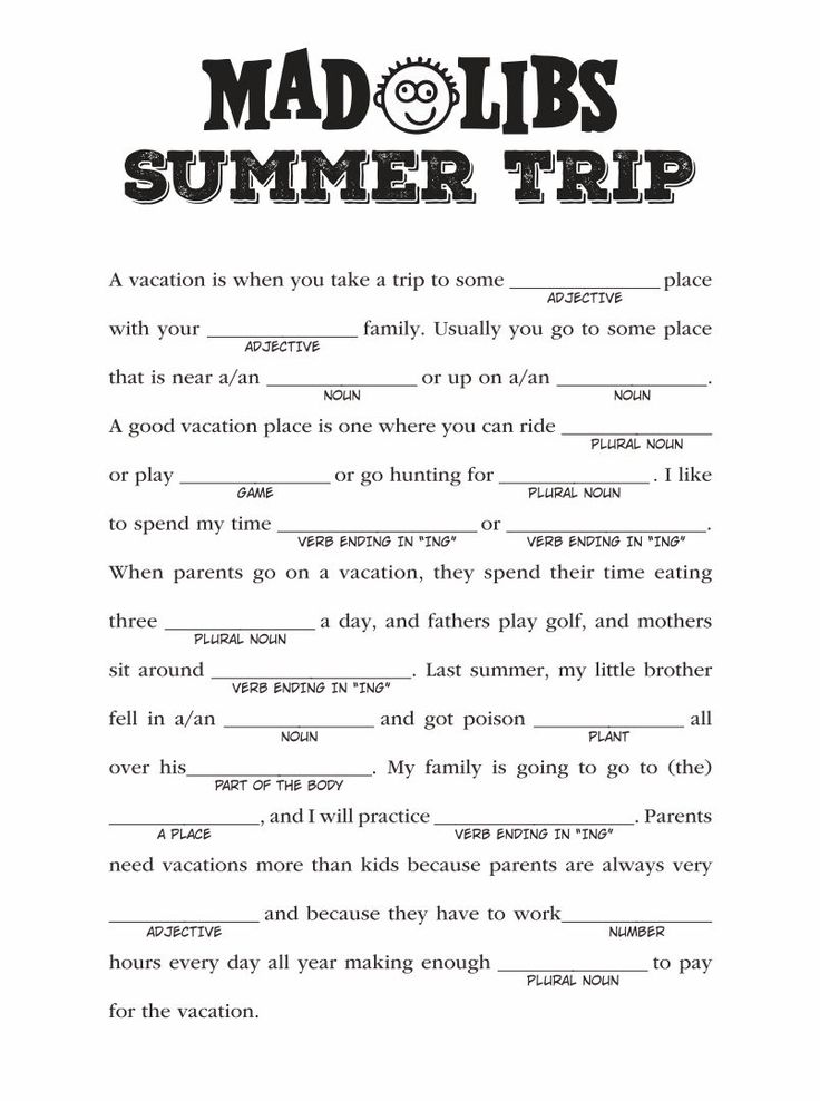 the mad libs summer trip is shown in black and white, with text on it