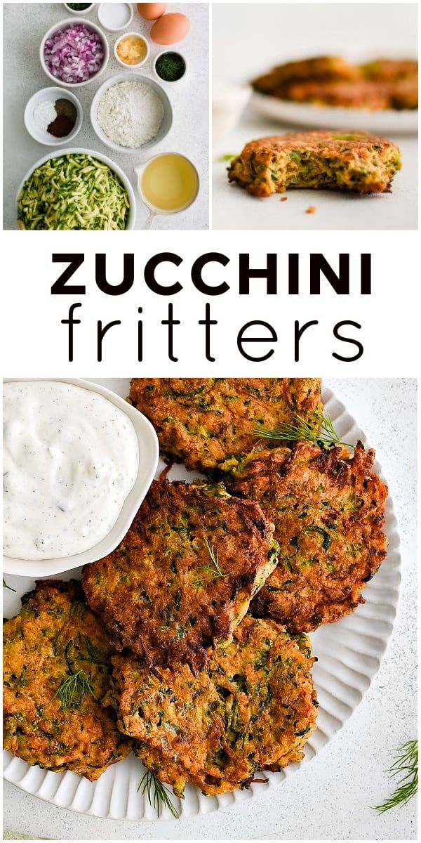 zucchini fritters on a white plate with sauces and seasonings