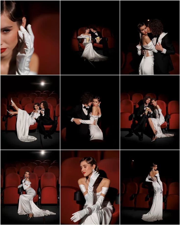 several different shots of people in formal dress dancing together at a dance event, with one woman dressed in white and the other wearing black