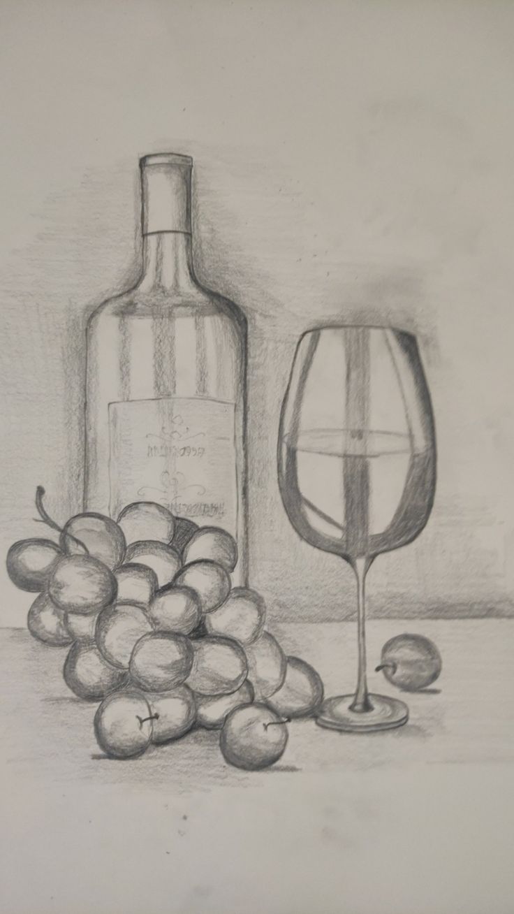 a drawing of a bottle and glass next to some grapes on a table with an apple beside it