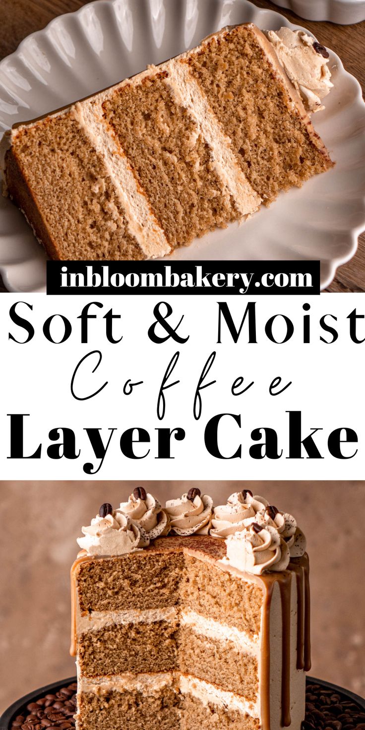 a slice of soft and moist coffee layer cake on a plate