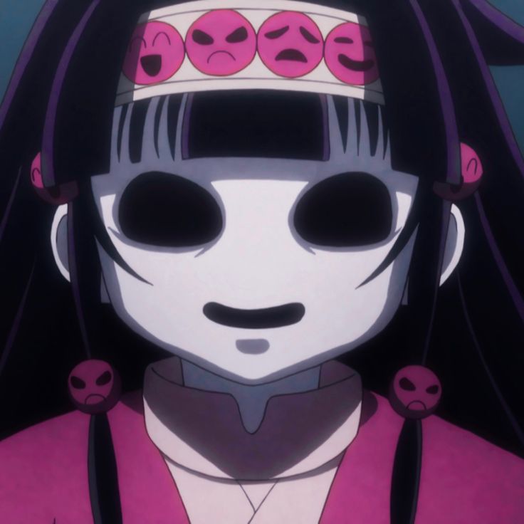 an anime character with black eyes and pink hair