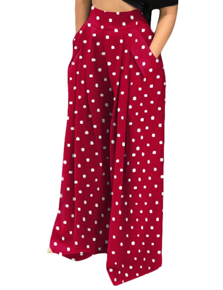 Red Polka Dot Wide Leg Bell-bottomed Pants Summer Polka Dot Pants With Elastic Waistband, Spring Polka Dot Bottoms With Pockets, Polka Dot Wide Leg Pants With Elastic Waistband, High Waist Polka Dot Bottoms With Elastic Waistband, Polka Dot Wide-leg Pants With Elastic Waistband, Polka Dot High Waist Bottoms With Elastic Waistband, Polka Dot Summer Bottoms With Pockets, Polka Dot Wide Leg Bottoms With Pockets, Casual Summer Pants