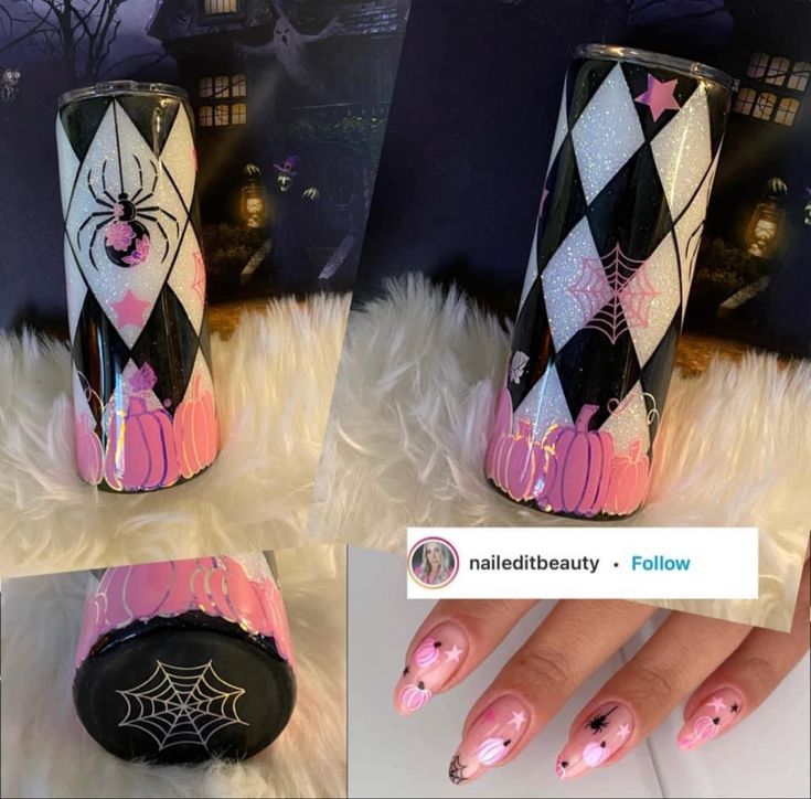 three pictures of different designs on the same item and one has pink, black, and white nail polish