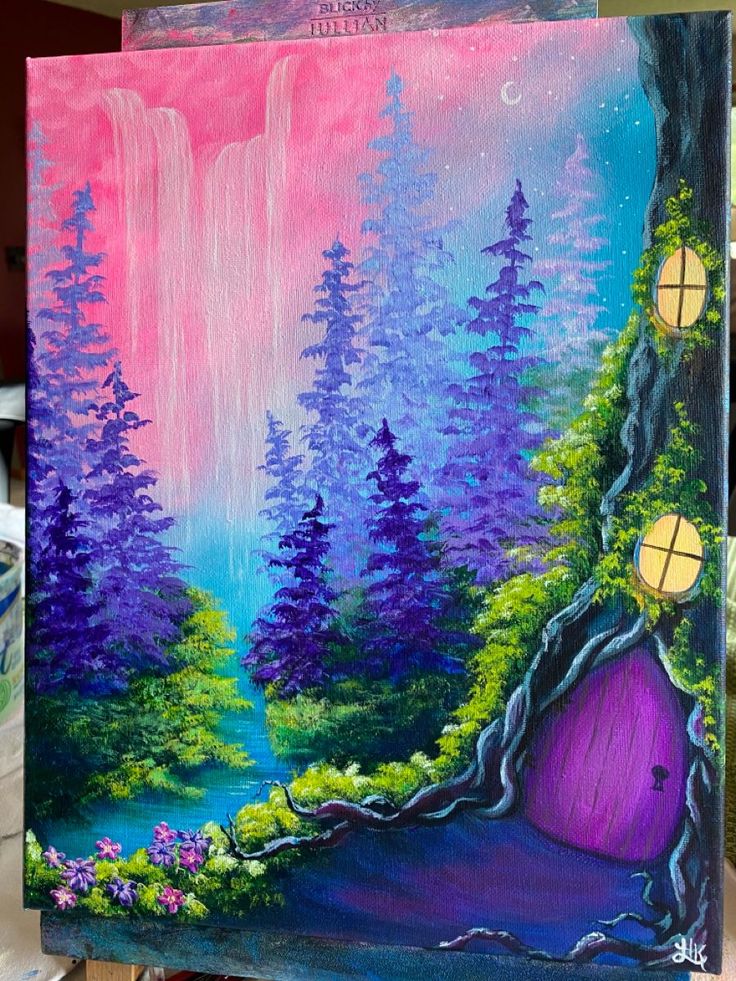 an acrylic painting of a forest scene with trees and a purple cave in the middle