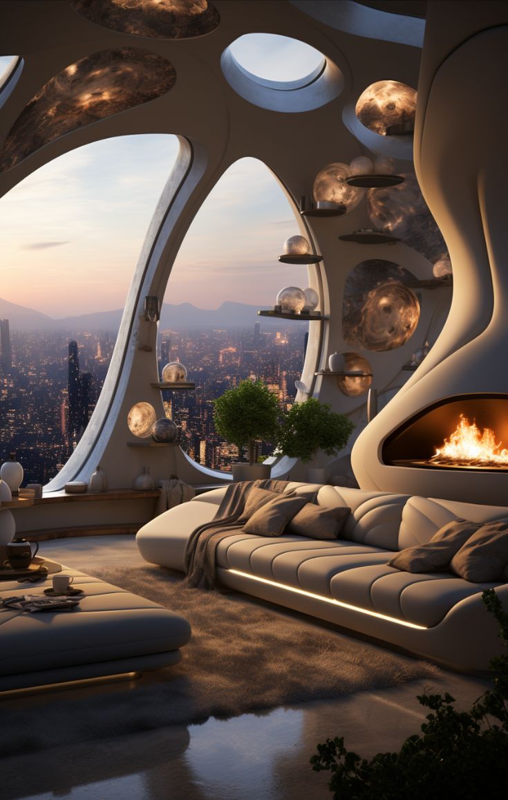 a futuristic living room with large windows and a fire place in the middle of it