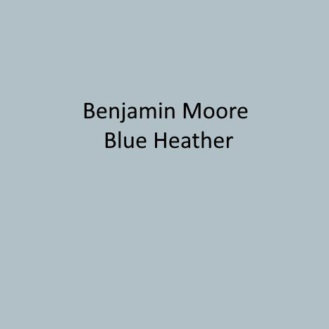 the words benjam moore blue heather are shown in black on a gray background