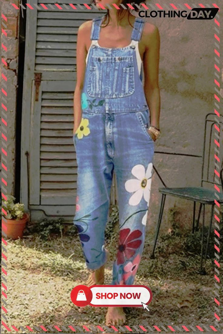 Fashion Flower Printed Denim Jumpsuits Spring Medium Wash Overall Jumpsuits And Rompers, Casual Floral Print Overalls For Spring, Summer Floral Print Cotton Overalls, Spring Floral Print Overalls, Floral Print Spring Overalls, Spring Denim Overall Jumpsuit In Medium Wash, Casual Summer Floral Print Overalls, Casual Medium Wash Floral Print Bottoms, Spring Medium Wash Overalls