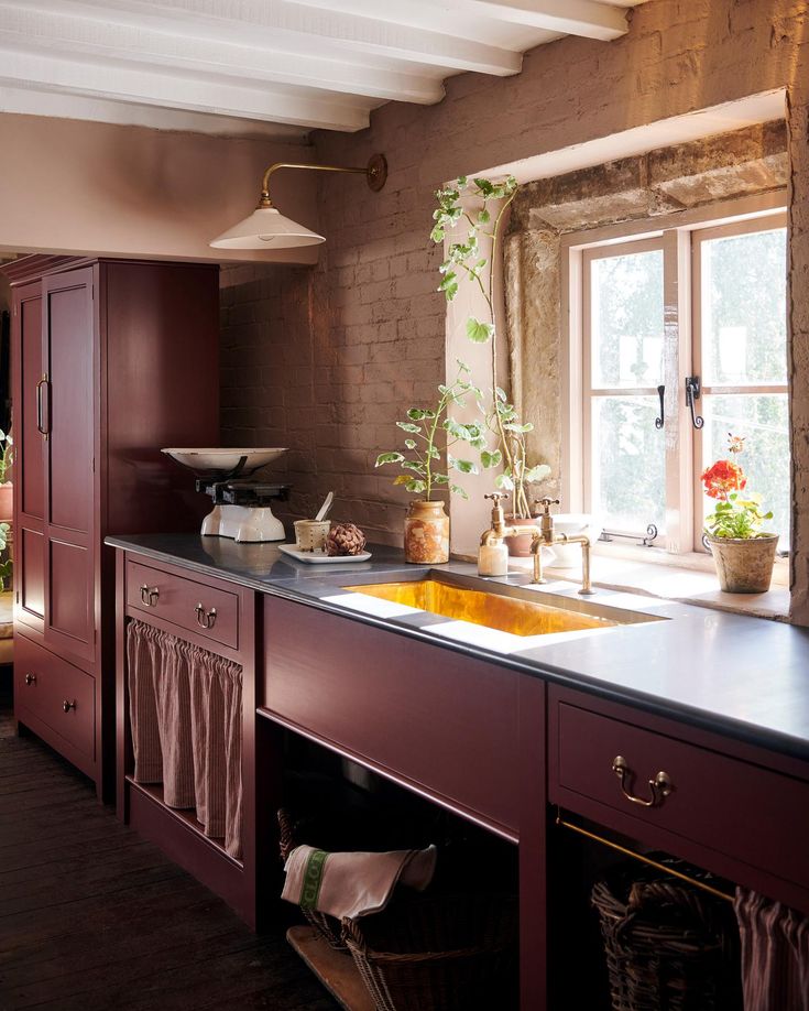 a kitchen with a sink, window and potted plants on the windowsills