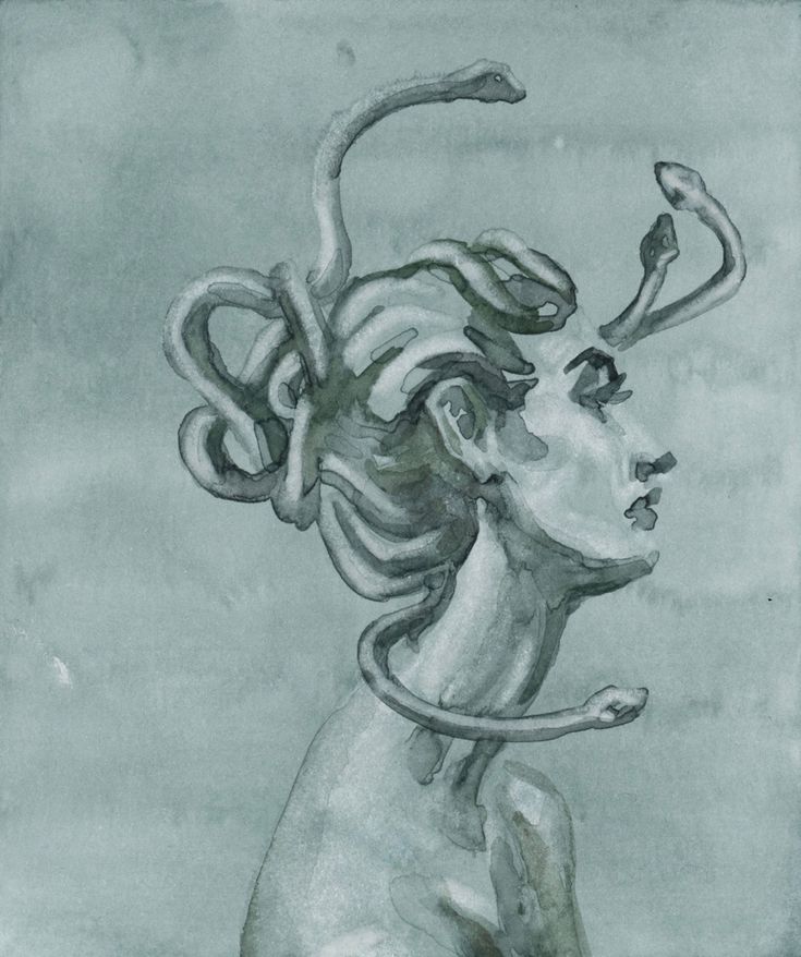 a drawing of a woman with an octopus on her head and hands in the air