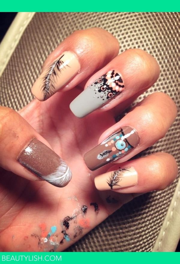 American Indian inspired nail art | Yolanda Z.'s Photo | Beautylish Indian Nail Designs, Indian Nail Art, Country Acrylic Nails, Feather Nail Art, Cowboy Nails, Indian Nails, American Nails, Feather Nails, Western Nails