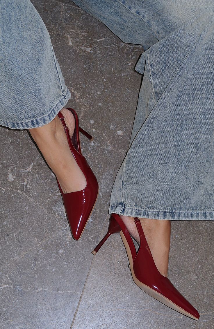 Tayte Slingback Heel Cherry Cola Red Heels Casual Outfit, Winter Flat Shoes, Trending Heels 2024, Red Pointed Heels Outfit, Winter Office Shoes, Rage Video, Pointed Heels Outfit, Business Fits, Red Kitten Heels