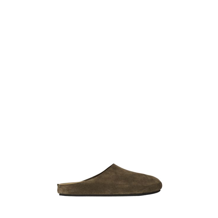 THE ROW "Hugo" calf suede easy mules 0.17 in / 5 mm flat heel Round toe Slide style Rubber outsole Made in Italy Bergdorf Goodman, The Row, Tops Designs, In Italy, Italy, Luxury Fashion, Heels