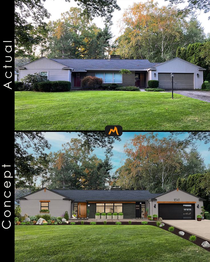 before and after photos of a house in the fall or early winter, with grass on the front lawn