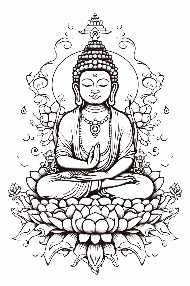 buddha sitting on top of a lotus flower in black and white with the words,