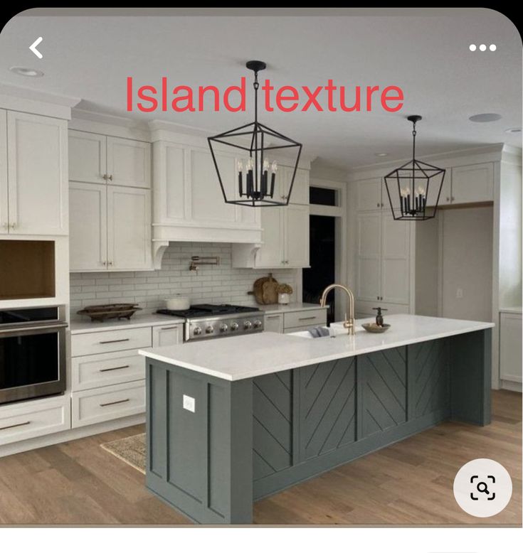 an image of a kitchen with white cabinets and gray island countertops, which is featured in the magazine island texture