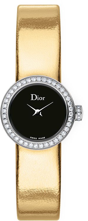 CD040110A010 CHRISTIAN DIOR LA D DE DIOR WOMEN'S WATCH Store Display Model (What's This?) - Free Overnight Shipping - With Manufacturer Serial Numbers - Swiss Made - Black Dial - Diamonds Set on Bezel & Crown - Total Diamond Weight: .46ct - Battery Operated Quartz Movement - 3 Year Warranty - Guaranteed Authentic - Certificate of Authenticity - Manufacturer Box & Manual         Includes Additional Replacement Gold Leather Strap - Polished Stainless Steel Case - Patent Black Leather Strap - Scratch Resistant Sapphire Crystal - 30 Meters / 100 Feet Water-Resistant - 19mm = 3/4" Case, 6" Adjustable Strap - Tang Buckle Set with Diamonds     Also Known As Model # 040110A010 Dior Watch, Black Jewellery, Black Gold Jewelry, Thai Silk, Ladies Watches, What Time Is It, Black Jewelry, Women's Watches, Beautiful Watches