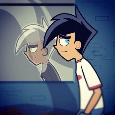 an animated image of a boy looking at himself in front of a mirror with another person behind him