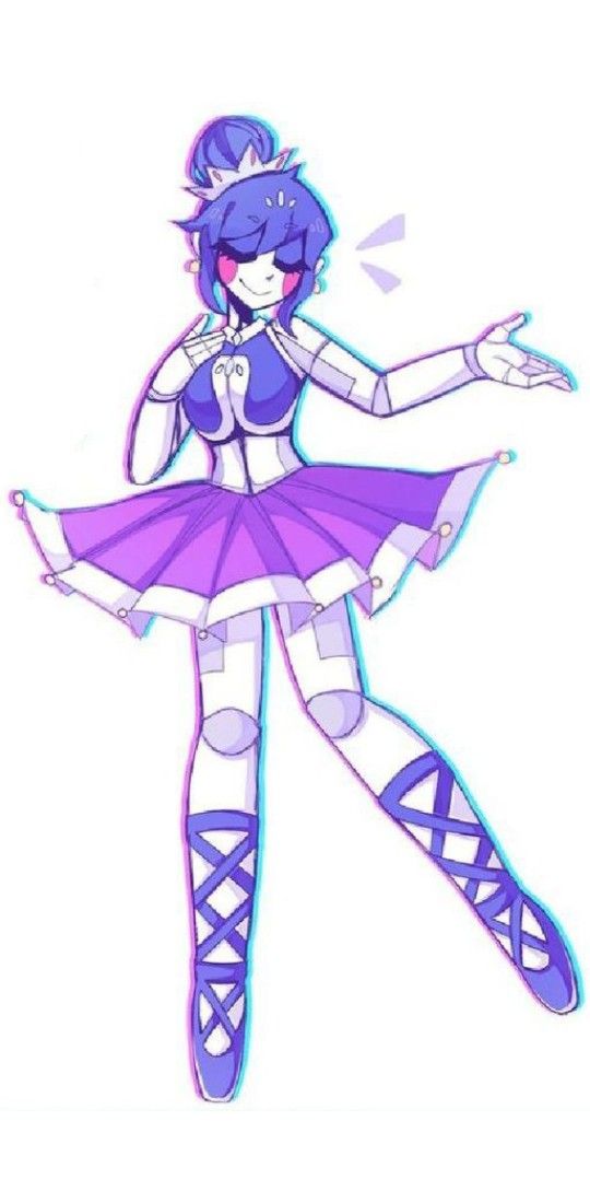 a drawing of a girl with purple hair and blue eyes, wearing a purple dress