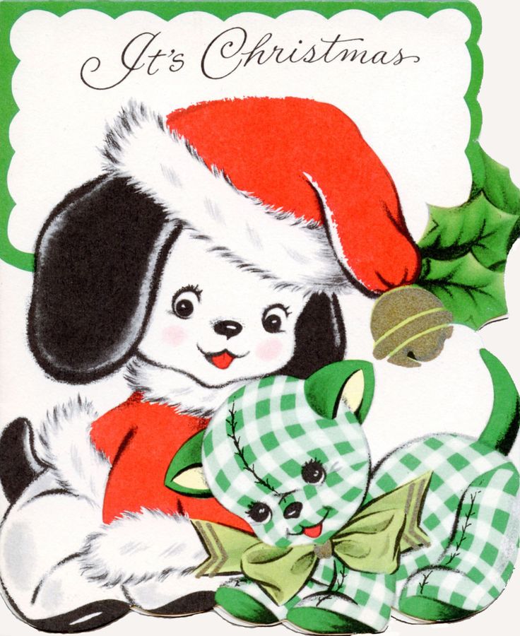 an old fashioned christmas card with a dog and teddy bear