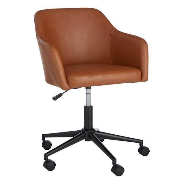 a brown leather office chair with wheels and casteors on an isolated white background, viewed from the front