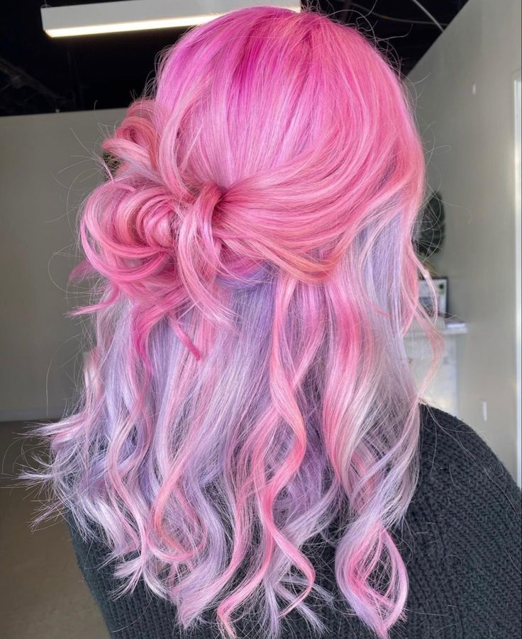 Cotton Candy Split Dye, Pink Hair Blue Highlights, Creative Colour Hair, Pastel Pink And Purple Hair, Pink And Purple Hair Ideas, Cotton Candy Hair Color, Pink And Lavender Hair, Candy Pink Hair, Cotton Candy Pink Hair